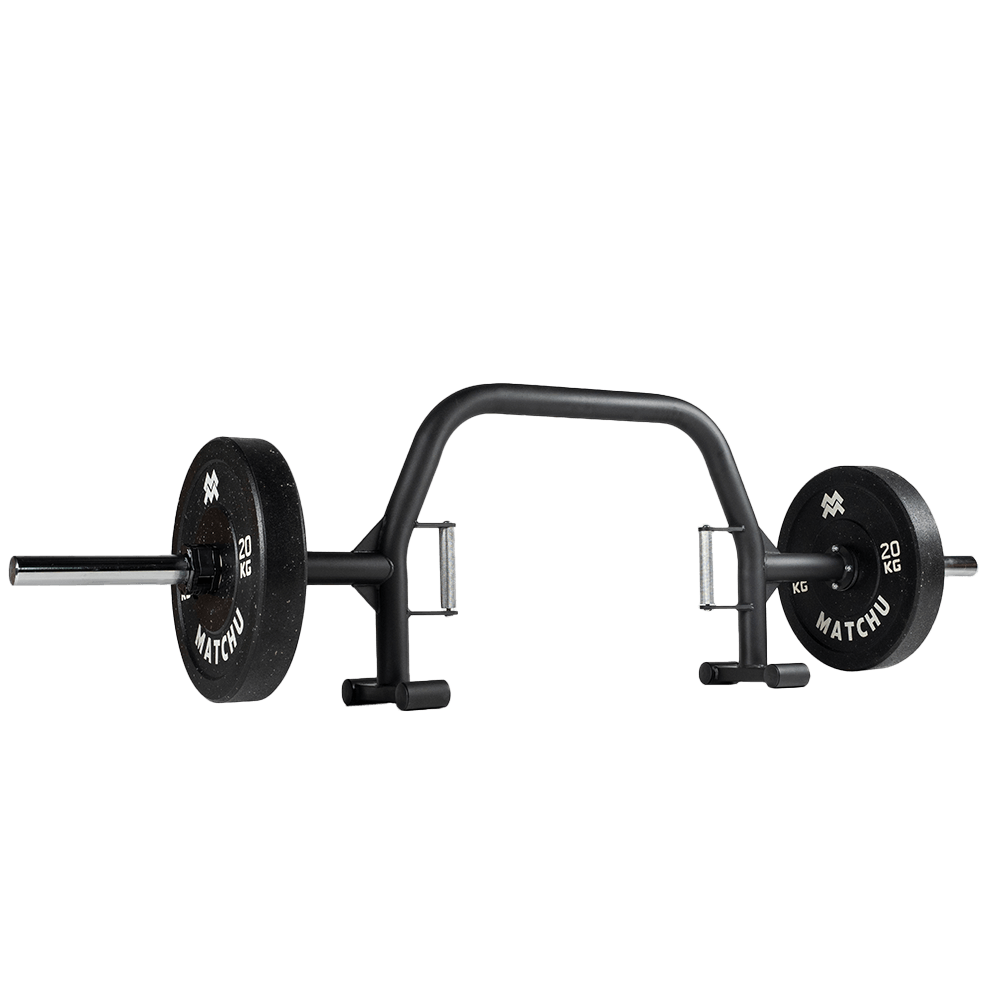 open hex bar staand met gewichtsschijven